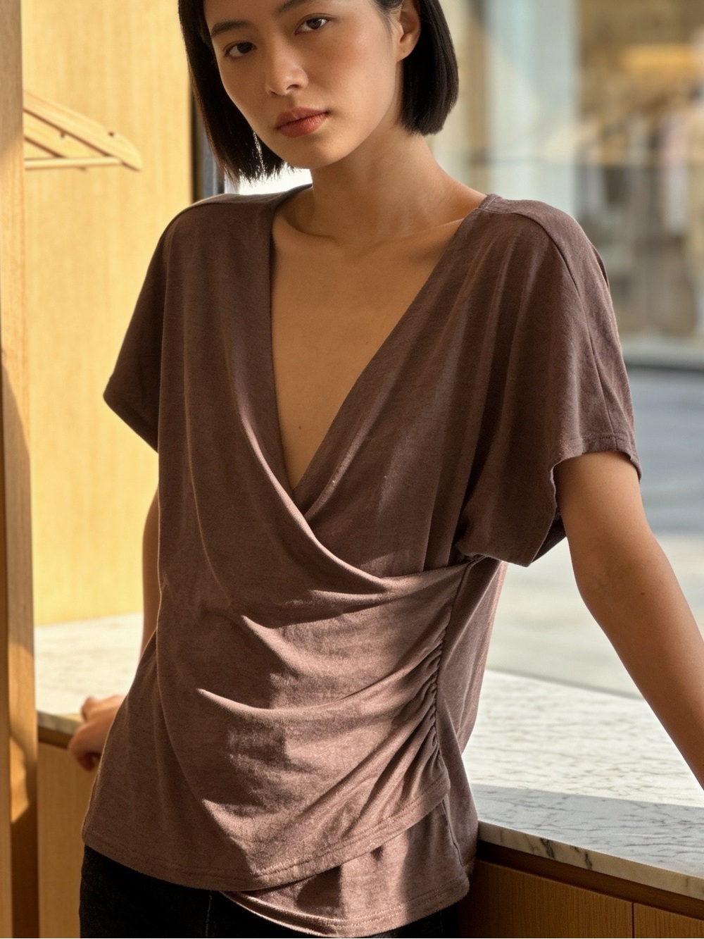 Draped V-Neck Short Sleeve Top in Dusty Brown EUC